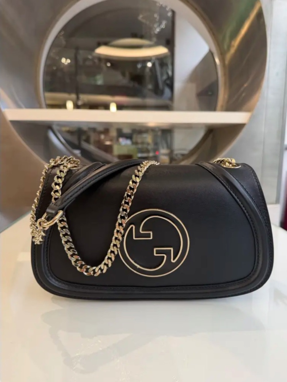 Gucci Black Leather Shoulder Bag with Gold Chain Crossbody